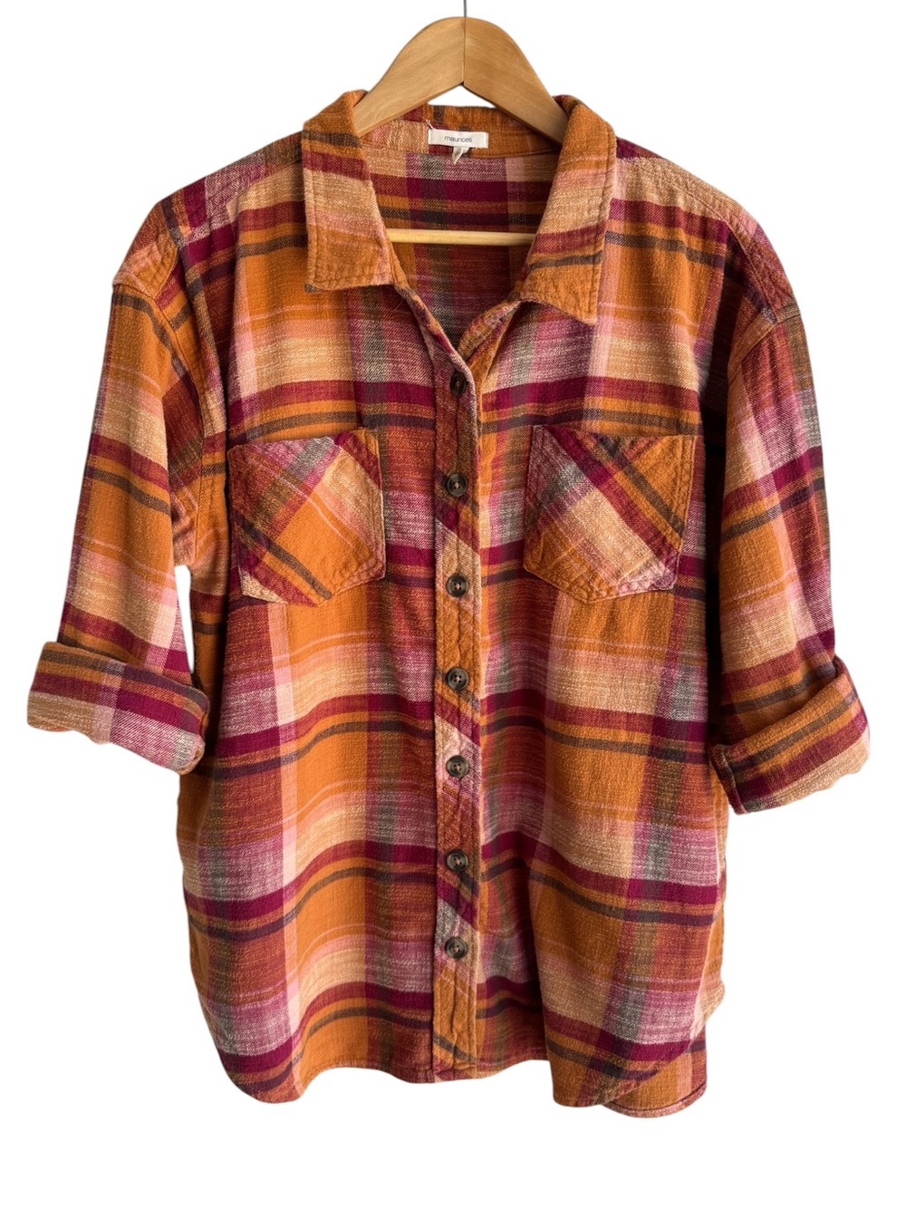 Maurices Autumn Flannel Plaid Shirt Womens XL Orange Button Down 3/4 Sleeve Fall